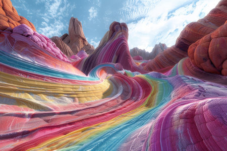 A stunning view of rainbow-colored rock formations in a desert landscape, showcasing the vibrant hues and textured layers.の素材