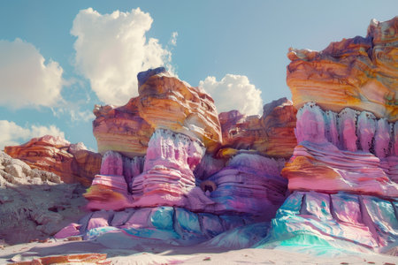 A stunning display of colorful rock formations bathed in sunlight, showcasing the vibrant hues of nature.の素材