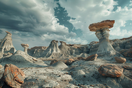 A panoramic view of a desert landscape with dramatic rock formations sculpted by wind and erosion, set against a backdrop of a cloudy sky.の素材