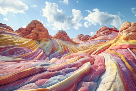 A panoramic view of colorful, swirling rock formations in a desert landscape under a bright blue sky with white clouds.の素材