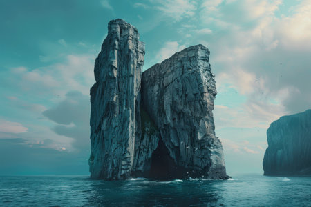 A pair of towering sea stacks rise dramatically from the ocean, one of them with a cave carved through its base.の素材