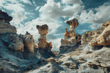 A wide shot of eroded rock formations in a desert landscape under a blue sky with white clouds.の素材