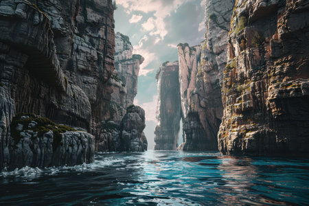 The image captures a narrow sea channel surrounded by tall rock formations under a cloudy sky.の素材