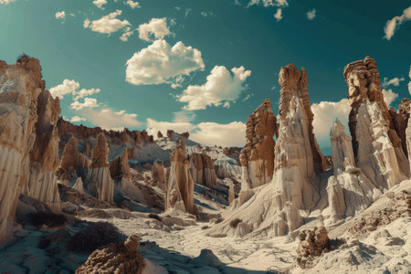 A desolate desert landscape with towering white and brown sandstone rock formations reaching up into a bright blue sky with puffy clouds.の素材