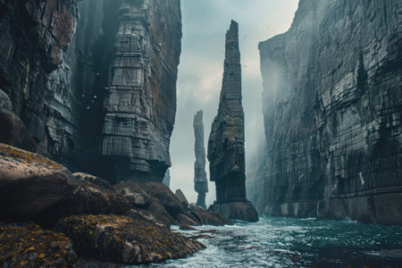 A series of tall, dark sea stacks rise dramatically from a misty ocean, creating a stark and awe-inspiring natural landscape.の素材