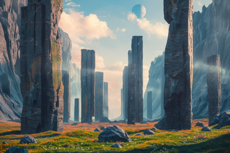 A field of flowers and grass with large stone pillars and a moon in the sky.の素材