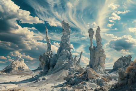 A dramatic desert landscape featuring tall, spire-like rock formations under a vibrant sky with billowing clouds.の素材