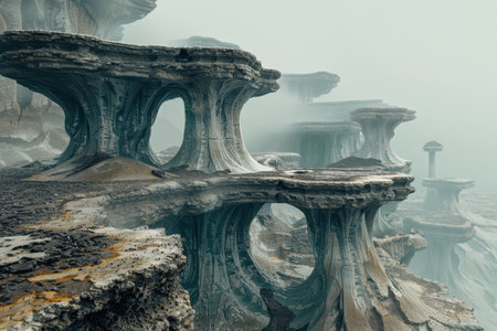 A misty landscape featuring abstract stone formations, resembling arches, pillars, and caves.の素材