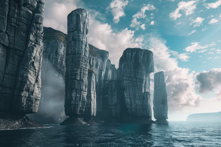 A series of towering sea stacks rise dramatically from the ocean, their weathered surfaces contrasting with the blue sky and calm water.の素材