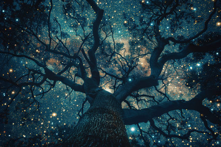 A low-angle view of a tree silhouetted against a starry night sky.の素材