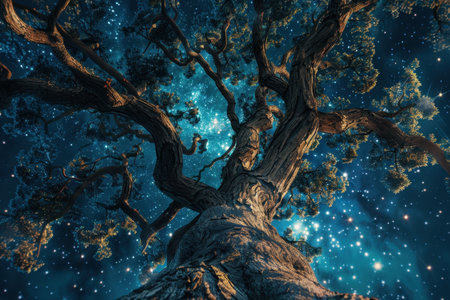 A low angle view of a tree with gnarled branches reaching upwards against a backdrop of a dark blue, starry night sky.の素材