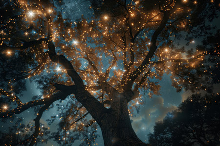 A silhouette of a tree with lights strung through its branches against a starry night sky.の素材