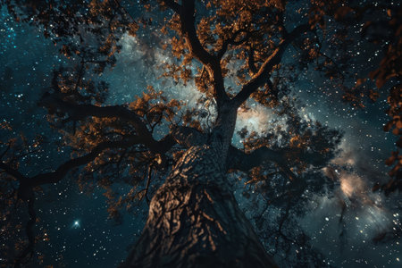 A low-angle shot of a tree silhouetted against a starry night sky, creating a sense of awe and wonder.の素材
