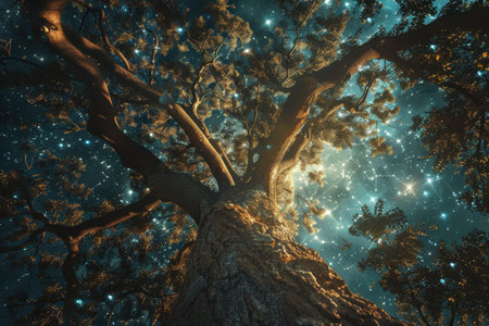 A low-angle view of a tree trunk reaching upwards towards a dark blue night sky dotted with countless sparkling stars, creating a sense of wonder and awe.の素材