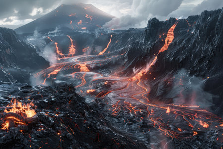 A dramatic image of a volcanic eruption with molten lava flowing down the mountainside.の素材