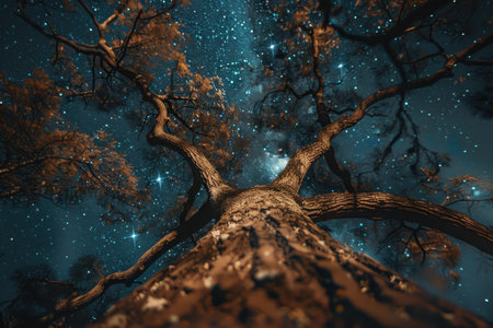 The image shows a low-angle view of a tree trunk with branches reaching upwards towards a starry night sky.の素材