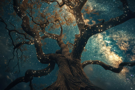 A close-up view of a tree&#39;s branches reaching up towards a starry night sky, illuminated by a soft golden glow, evoking a sense of wonder and the vastness of the universe.の素材