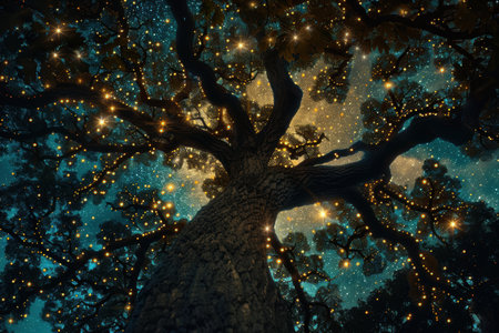 A silhouette of a large tree with branches reaching upwards, against a backdrop of a starry night sky with glittering lights.の素材
