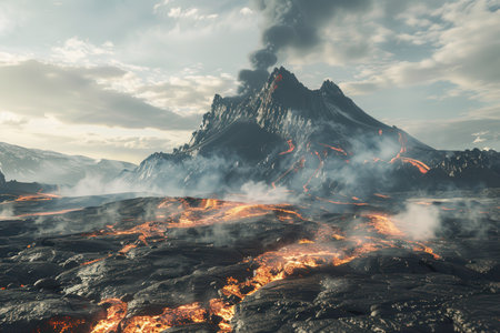 A volcanic eruption with a glowing river of lava flowing down the mountainside, creating a dramatic scene of natural power.の素材