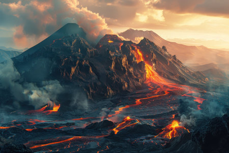 A dramatic view of a volcanic eruption, showcasing the molten lava flowing down the mountain&#39;s sides.の素材