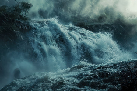 A powerful waterfall crashing down in a stormy forest, creating a dramatic and misty scene.の素材