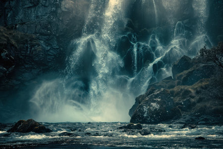 A powerful waterfall cascades over rugged rocks, creating a dramatic and breathtaking scene in nature.の素材