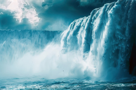 A powerful waterfall cascades down a cliff face, creating a dense mist over a turbulent basin.の素材