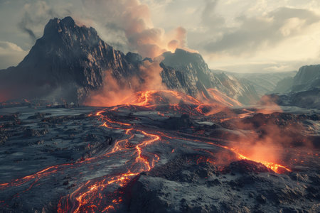 A dramatic aerial view of a volcanic eruption, featuring molten lava flowing through a rugged, mountainous landscape.の素材