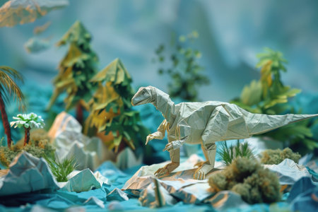 A detailed origami dinosaur stands on a miniature paper landscape with lush greenery and cloudy blue skies.の素材
