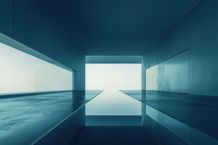 A minimalist interior shot of a blue concrete corridor with a light reflection on the floor.の素材