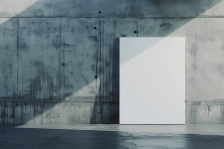 A blank white canvas leans against a rough concrete wall with natural light casting shadows.の素材