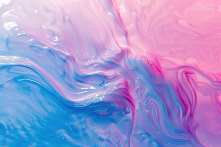 A close-up abstract image of a swirling blue and pink liquid, creating a smooth, glossy, and dynamic texture.の素材