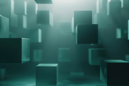 A minimalist abstract composition of green cubes floating in a hazy, ethereal environment.の素材