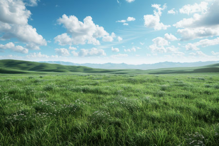A scenic view of a verdant meadow with rolling hills and a clear blue sky adorned with fluffy white clouds.の素材