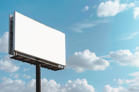A blank white billboard against a blue sky with white clouds.の素材