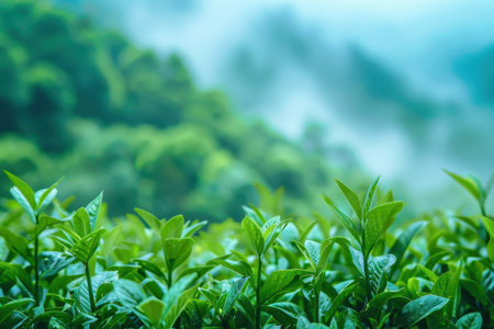 A close-up shot of lush green foliage in the foreground with a misty, blurry background of trees.の素材