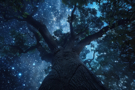 The image features a low-angle view of a large tree silhouetted against a starry night sky, creating a sense of awe and wonder.の素材