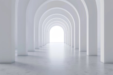 An image of a minimalist white hallway with multiple arches leading to a bright light source at the end.の素材