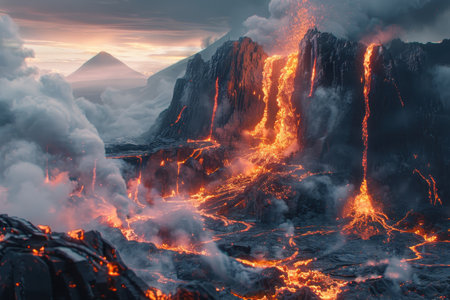 A fiery volcanic eruption with lava flowing down the mountainside, creating a dramatic and powerful scene.の素材