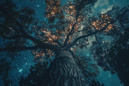 An image of a tree illuminated by stars from below, creating a magical, ethereal atmosphere. The tree is silhouetted against the night sky, with its branches reaching upwards. The image is taken from a low angle, giving a perspective of looking up at the tree.の素材