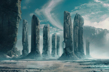 The image depicts a desolate alien landscape with tall, grey rock formations towering over a barren, sandy desert. The sky is a hazy blue with white clouds.の素材