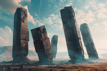 A scene depicting several tall, ancient stone pillars standing in a desolate desert landscape, with a cloudy sky above.の素材