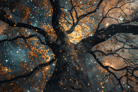 A low-angle perspective of a tree trunk with a dreamy, magical quality, illuminated by twinkling lights against a dark forest backdrop.の素材