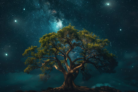 A single, large tree with a thick trunk and wide branches stands silhouetted against a star-filled night sky, with the Milky Way visible in the background.の素材
