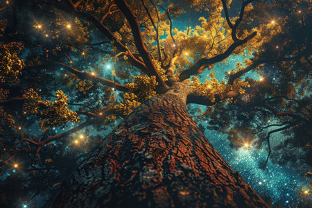 A low-angle view of a tree trunk reaching towards a starry night sky, creating a sense of awe and wonder.の素材