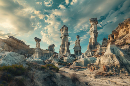 A panoramic view of a desert landscape with eroded rock formations, showcasing the power of nature&#39;s weathering processes.の素材