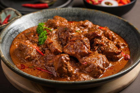 A close-up image of a bowl of beef stew featuring red peppers and parsley.の素材