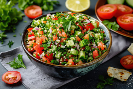 A close-up shot of a bowl of tabbouleh salad with fresh ingredients, including tomatoes, cucumbers, parsley, and lemon, served on a dark table.の素材