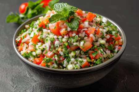 A close-up of a bowl filled with a fresh salad of chopped tomatoes, cucumbers, onions, and mint.の素材