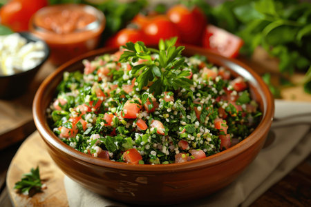 A close-up of a bowl of tabbouleh salad with fresh parsley, tomatoes, and bulgur.の素材